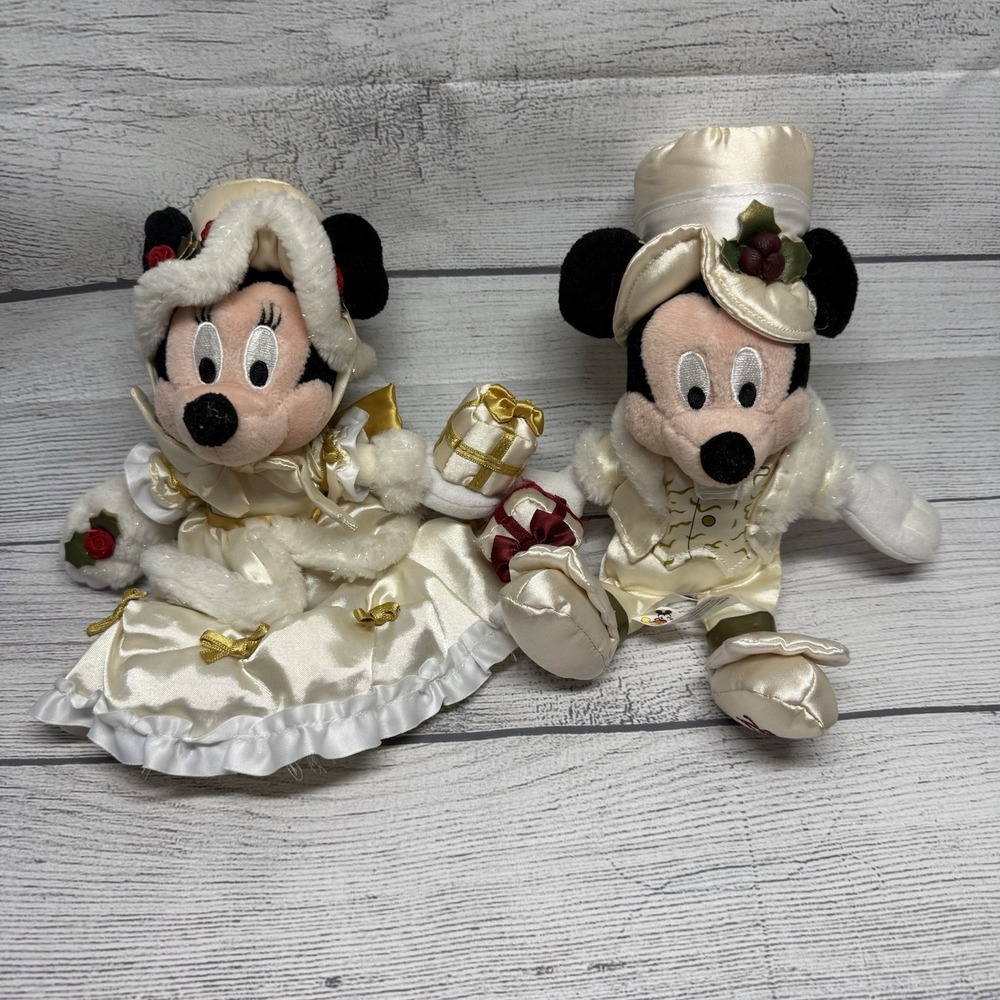 Victorian Christmas Minnie & Mickey Mouse Plush Disney Parks Holiday Cream 2000